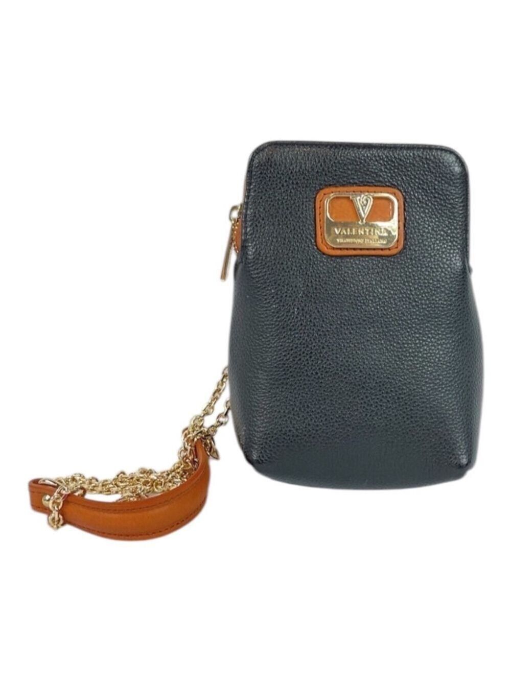 Valentina Italy Genuine Leather Crossbody Bag, Black & Tan, Authentic